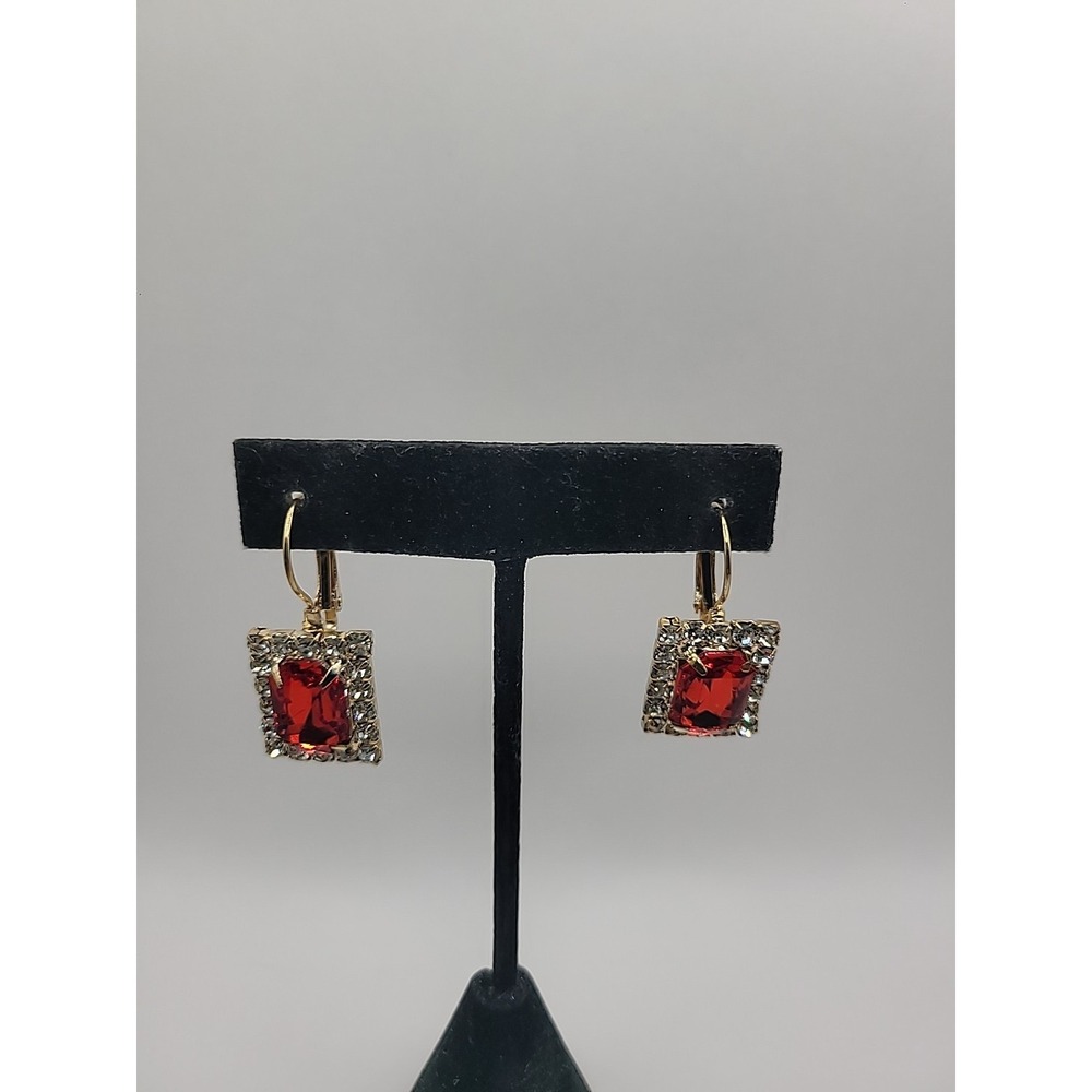 Vintage Red Rhinestones Dangle Earrings Gold Tone Halo Leverback Art Deco
